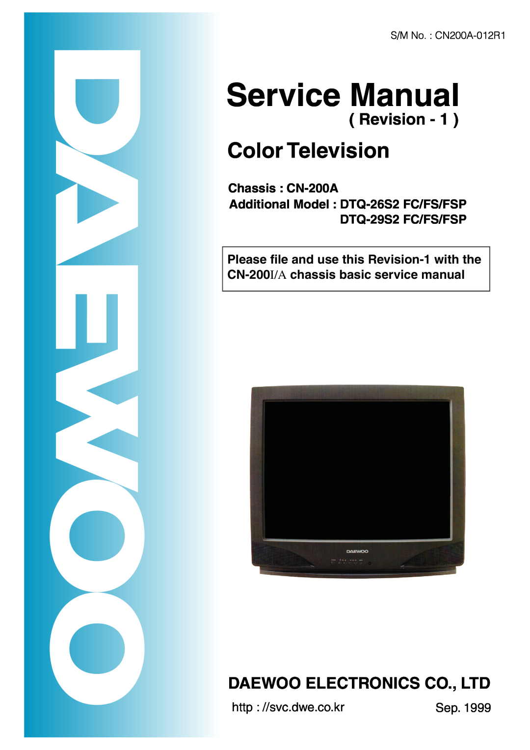 Daewoo DTQ-29S2 FSP service manual Service Manual, Color Television, Revision, DTQ-29S2 FC/FS/FSP, http //svc.dwe.co.kr 