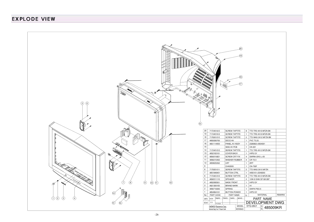 Daewoo DTQ-29U5SSFV, DTQ-29U4SCV, CN-401FN, CN-400FN DTQ-29U1SCV DTQ-29U1SSFV DTQ-29U1SCSV service manual 485009KR 