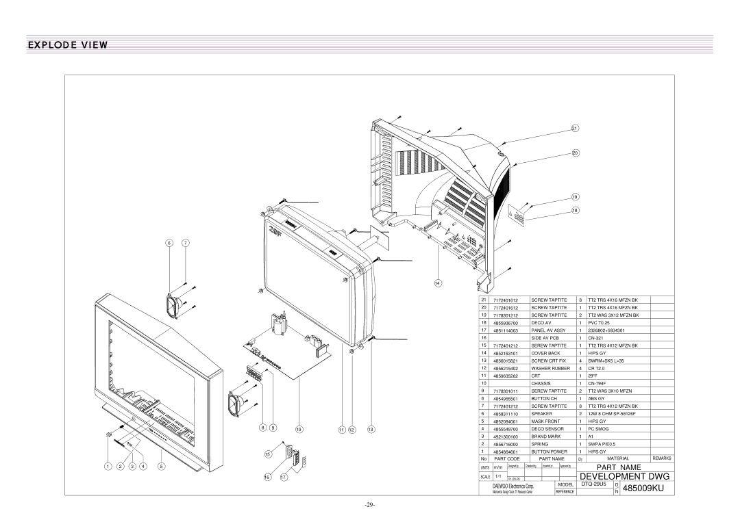 Daewoo CN-401FN, DTQ-29U4SCV, DTQ-29U5SSFV, CN-400FN DTQ-29U1SCV DTQ-29U1SSFV DTQ-29U1SCSV service manual 485009KU 