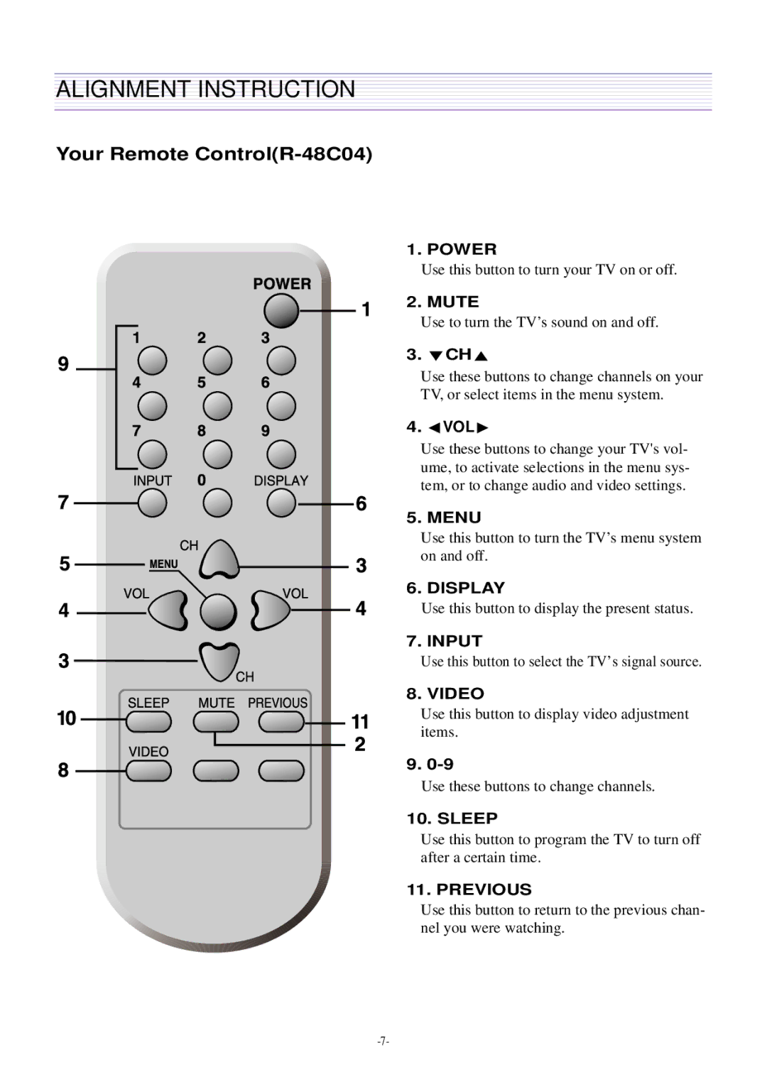 Daewoo DTQ-29U4SCV, DTQ-29U5SSFV, CN-401FN service manual Alignment Instruction, Your Remote ControlR-48C04 