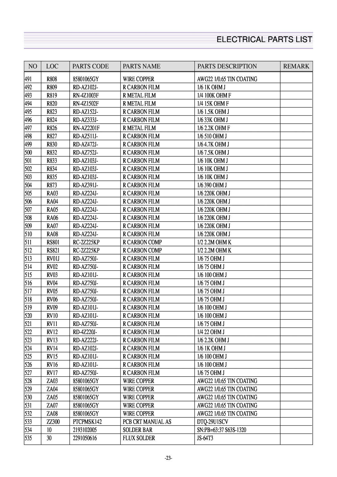 Daewoo DTQ-29U4SCV, DTQ-29U5SSFV, CN-401FN service manual Electrical Parts List, Pcb Crt Manual As, SNPB=6337 S63S-1320 