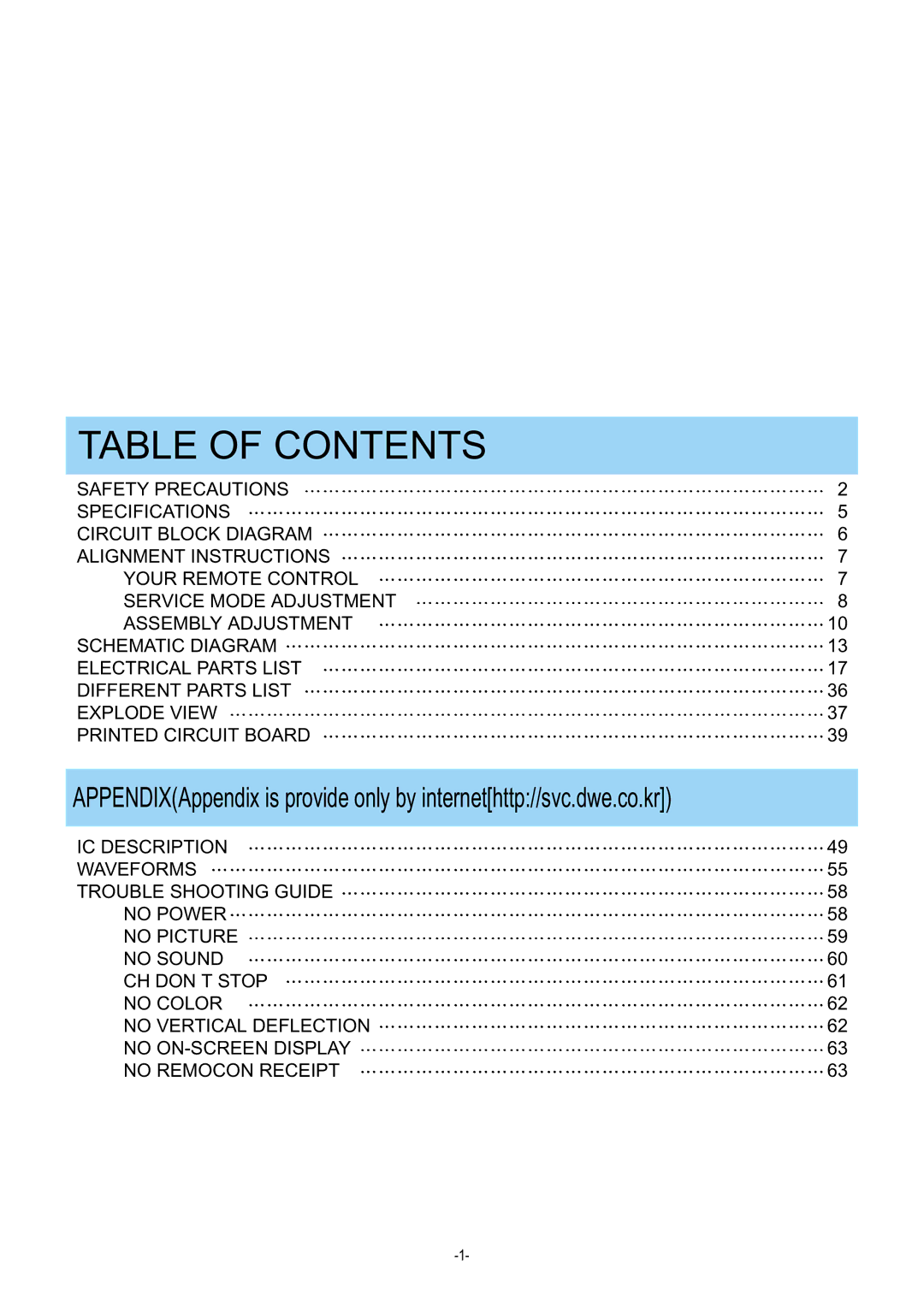 Daewoo DTQ-29U5SC/SSP, DTQ-29U1SC/SSP service manual Table of Contents 