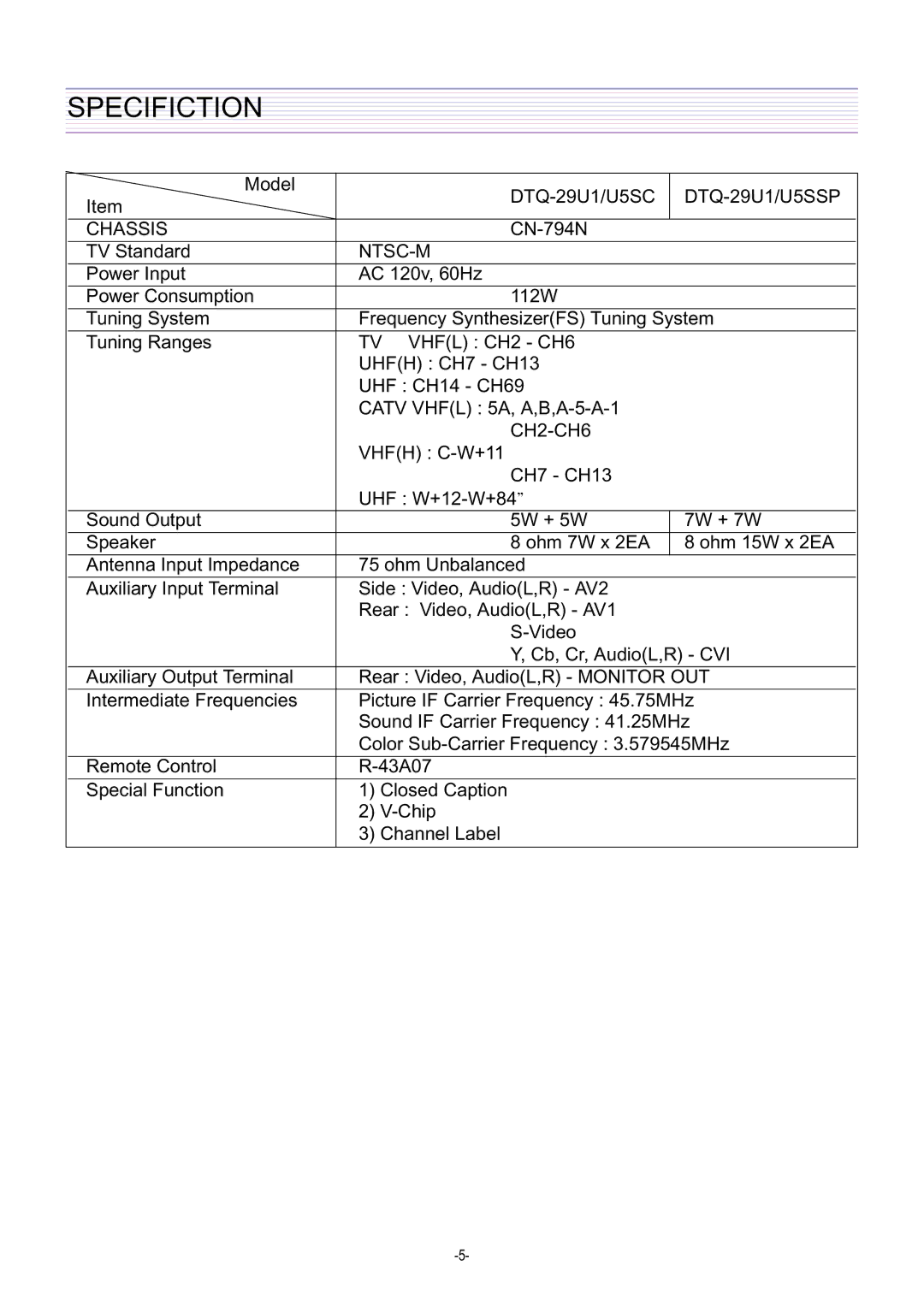 Daewoo DTQ-29U5SC/SSP, DTQ-29U1SC/SSP service manual Specifiction, Ntsc-M 