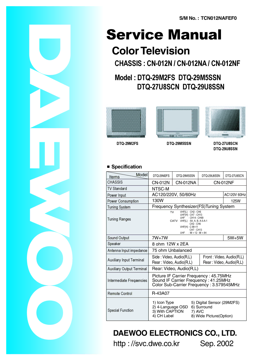 Daewoo DTQ-29M2FS, DTQ-29U8SSN, DTQ-29M5SSN, DTQ-27U8SCN service manual Color Television 