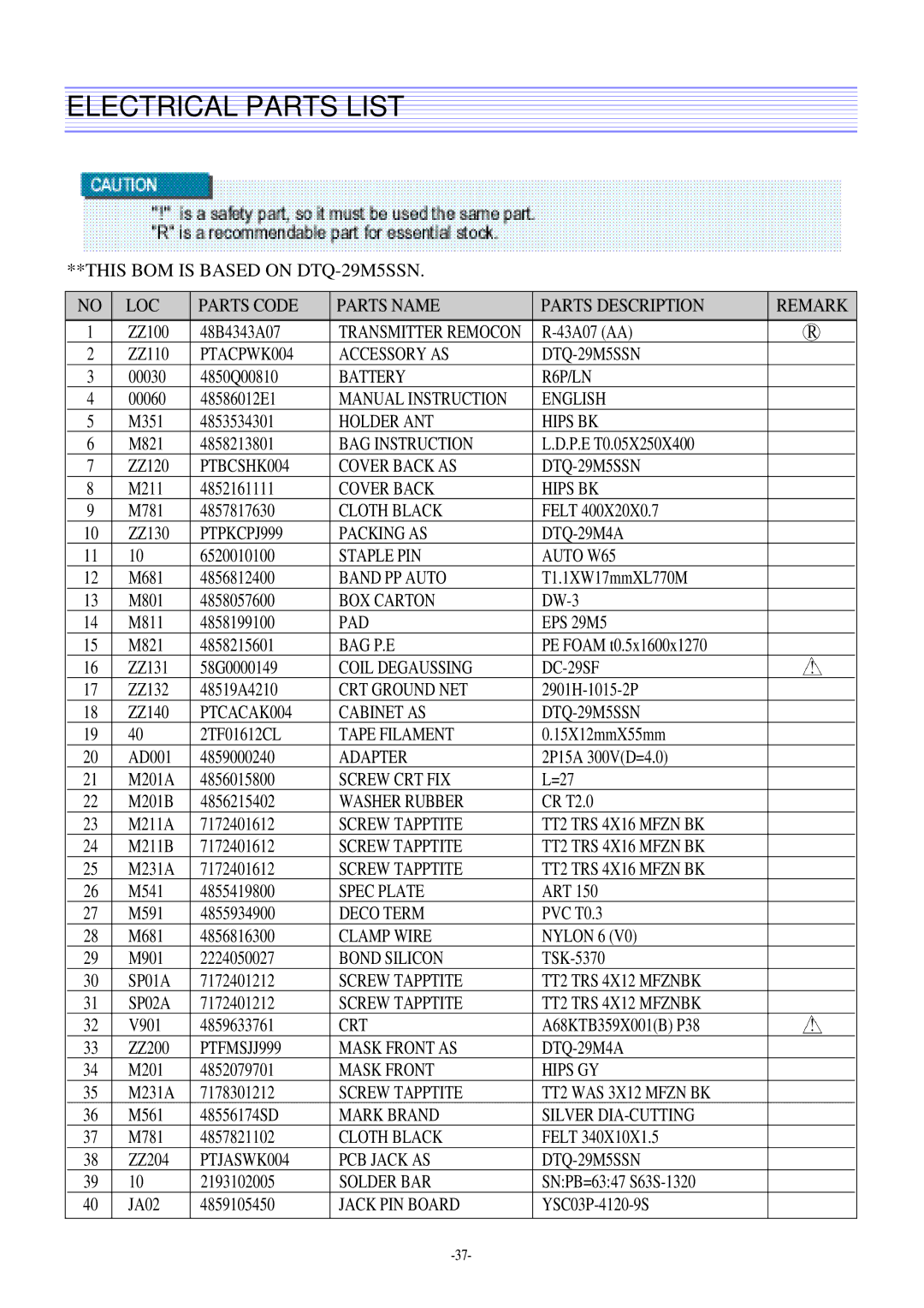 Daewoo DTQ-29U8SSN, DTQ-29M2FS, DTQ-27U8SCN service manual PTACPWK004 Accessory AS DTQ-29M5SSN 