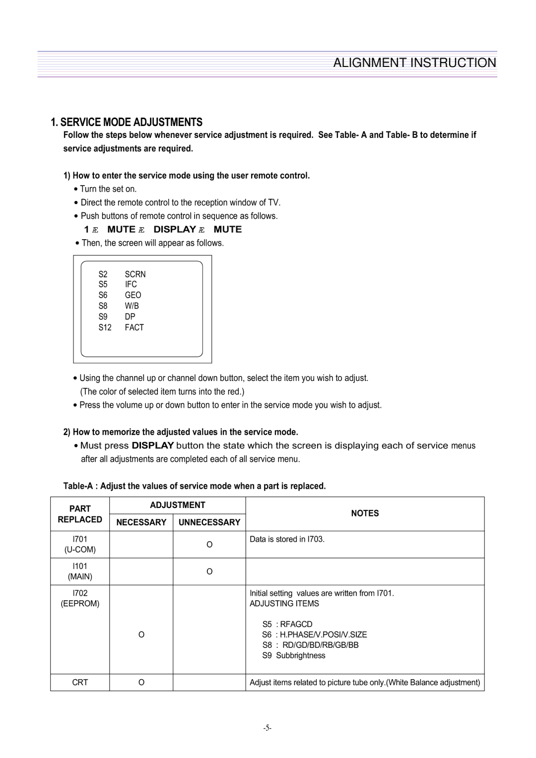 Daewoo DTQ-29M5SSN, DTQ-29U8SSN, DTQ-29M2FS, DTQ-27U8SCN service manual Alignment Instruction, Service Mode Adjustments 