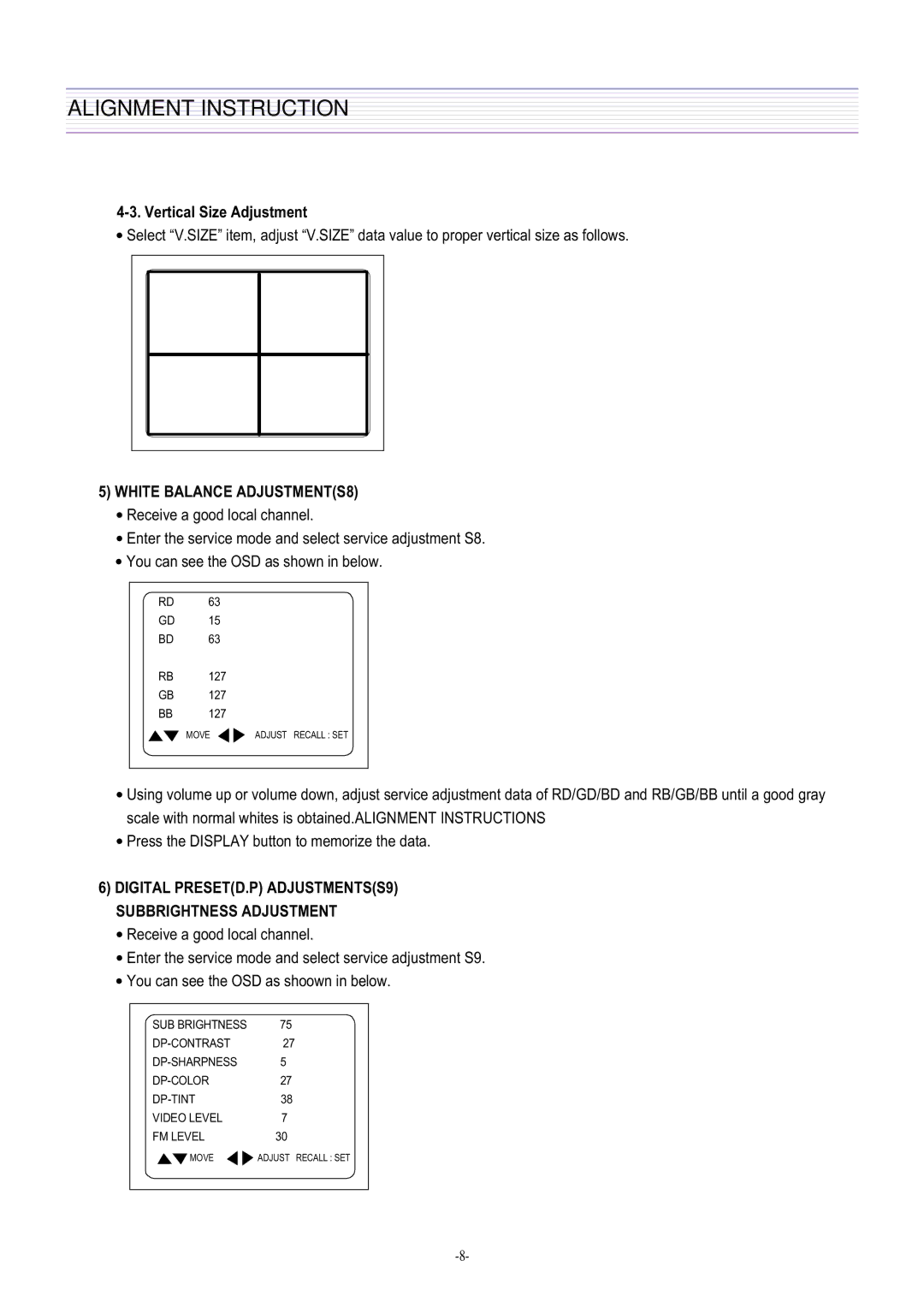 Daewoo DTQ-29M2FS, DTQ-29U8SSN, DTQ-29M5SSN, DTQ-27U8SCN service manual White Balance ADJUSTMENTS8 