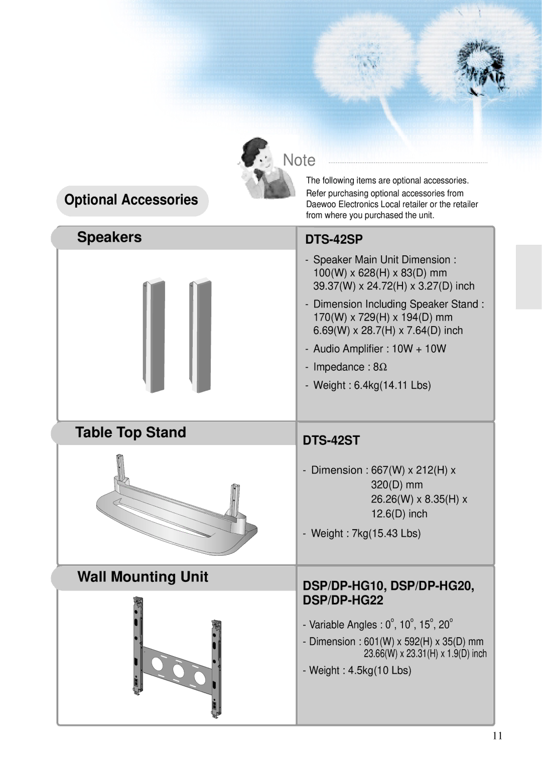 Daewoo DTS - 42 user manual DTS-42SP, Dimension 601W x 592H x 35D mm 23.66W x 23.31H x 1.9D inch 