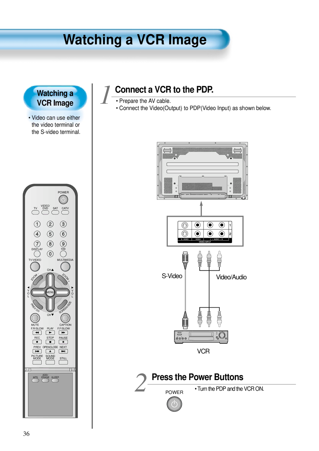 Daewoo DTS - 42 user manual Watching a VCR Image, Connect a VCR to the PDP, Turn the PDP and the VCR on 