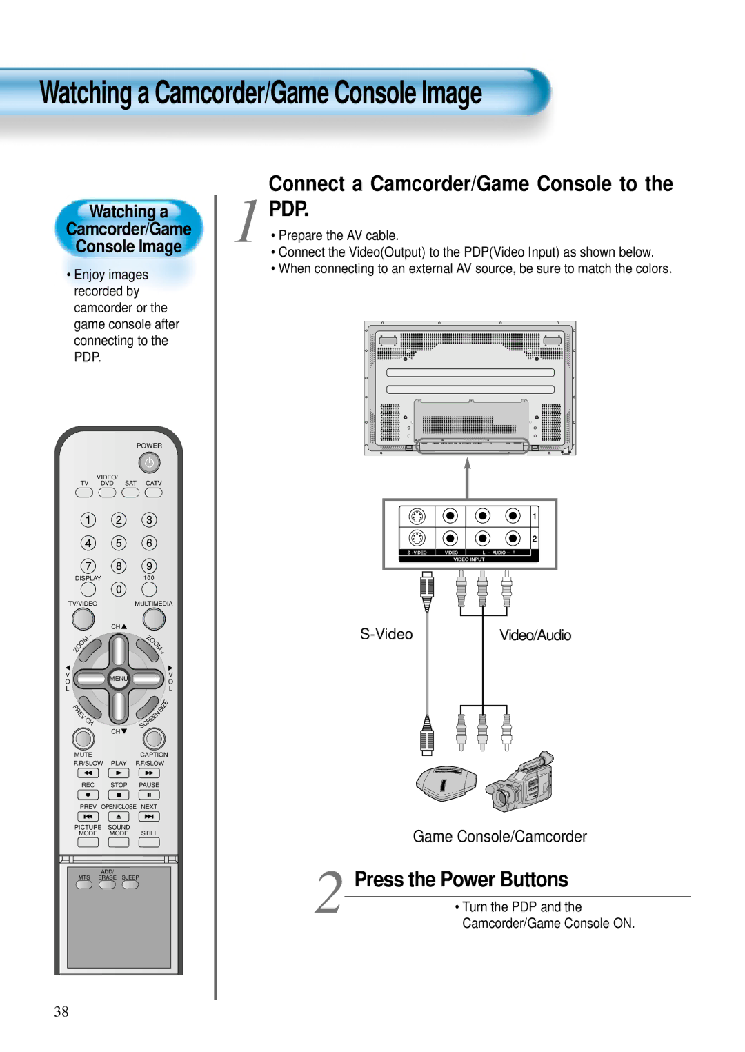 Daewoo DTS - 42 user manual Connect a Camcorder/Game Console to PDP, Turn the PDP Camcorder/Game Console on 