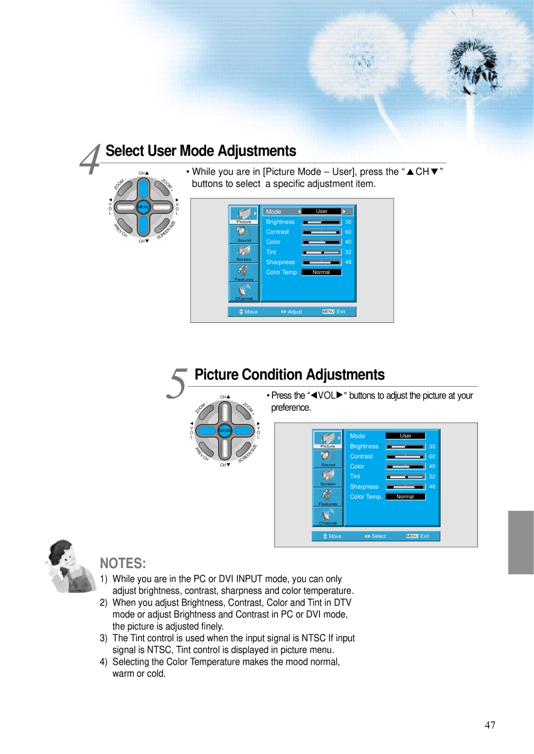 Daewoo DTS - 42 user manual Select User Mode Adjustments, While you are in Picture Mode User, press the CH 