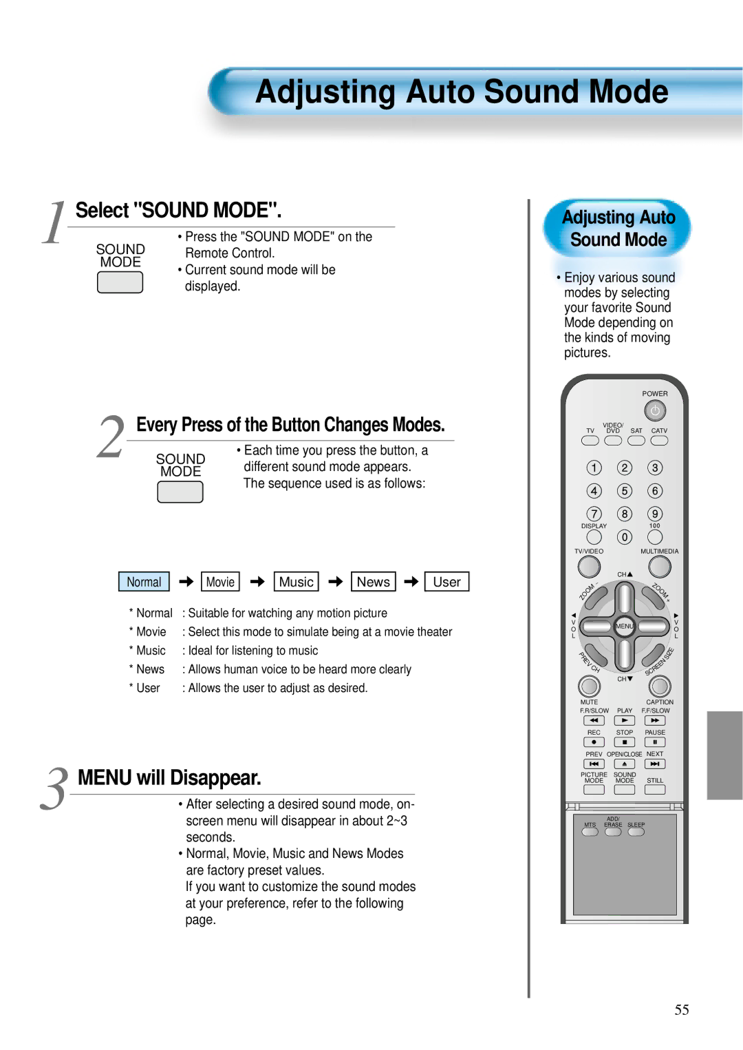 Daewoo DTS - 42 user manual Adjusting Auto Sound Mode, Select Sound Mode, Menu will Disappear 