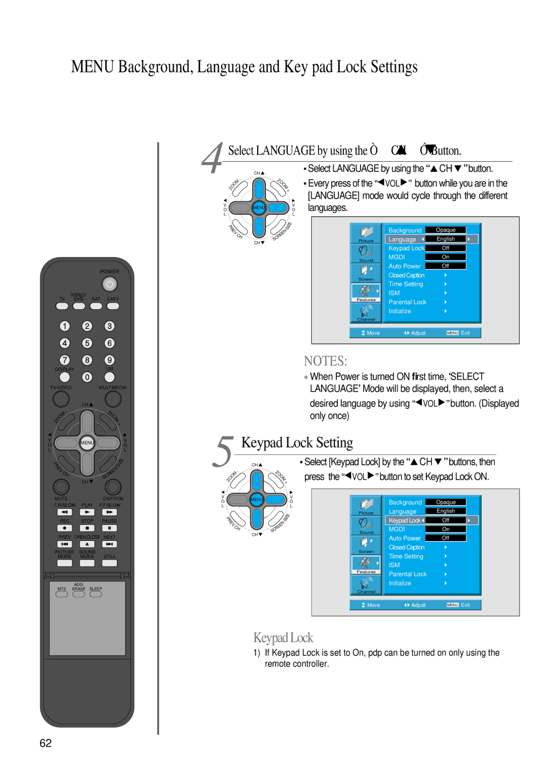 Daewoo DTS - 42 user manual Keypad Lock Setting, CH Button, Languages, Every press of the VOL 