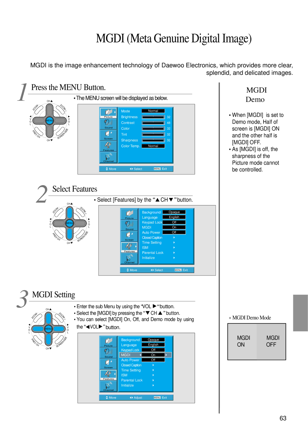 Daewoo DTS - 42 user manual Mgdi Setting, Demo, Select Features by the CH button 