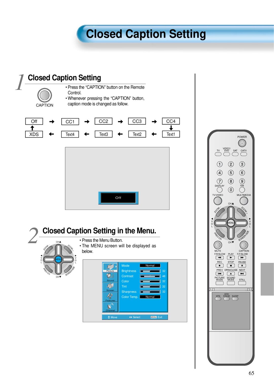 Daewoo DTS - 42 user manual Closed Caption Setting in the Menu, Menu screen will be displayed as 