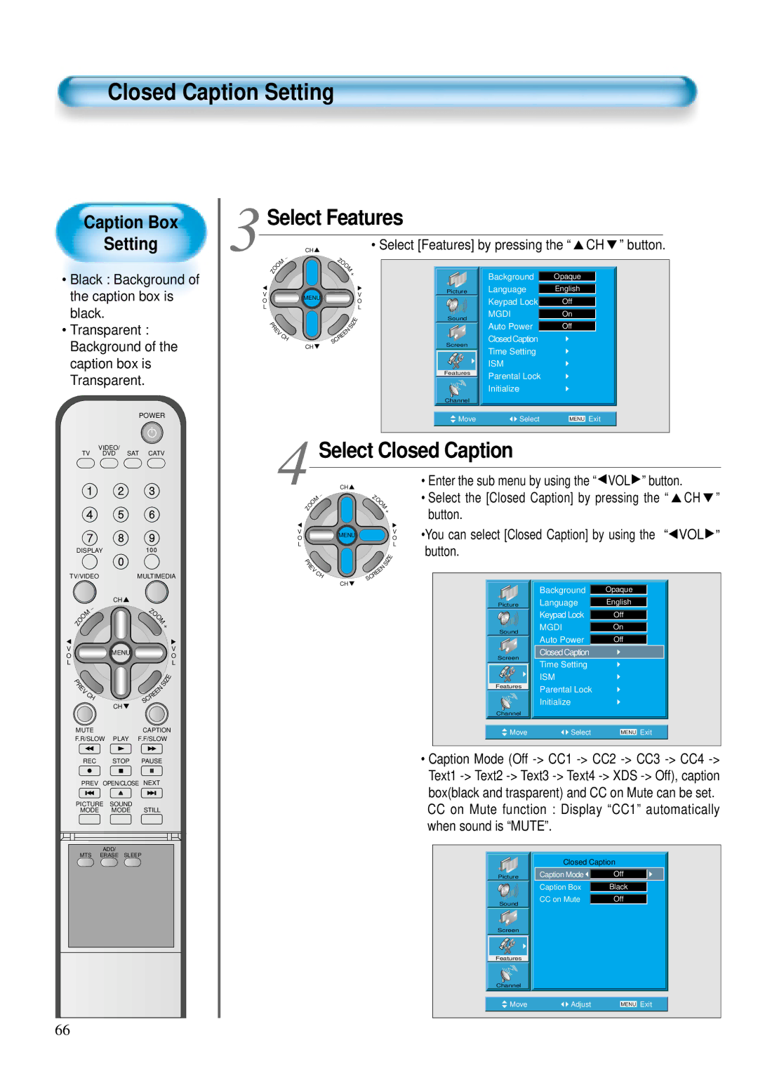 Daewoo DTS - 42 Closed Caption Setting, Select Closed Caption, You can select Closed Caption by using the VOL button 