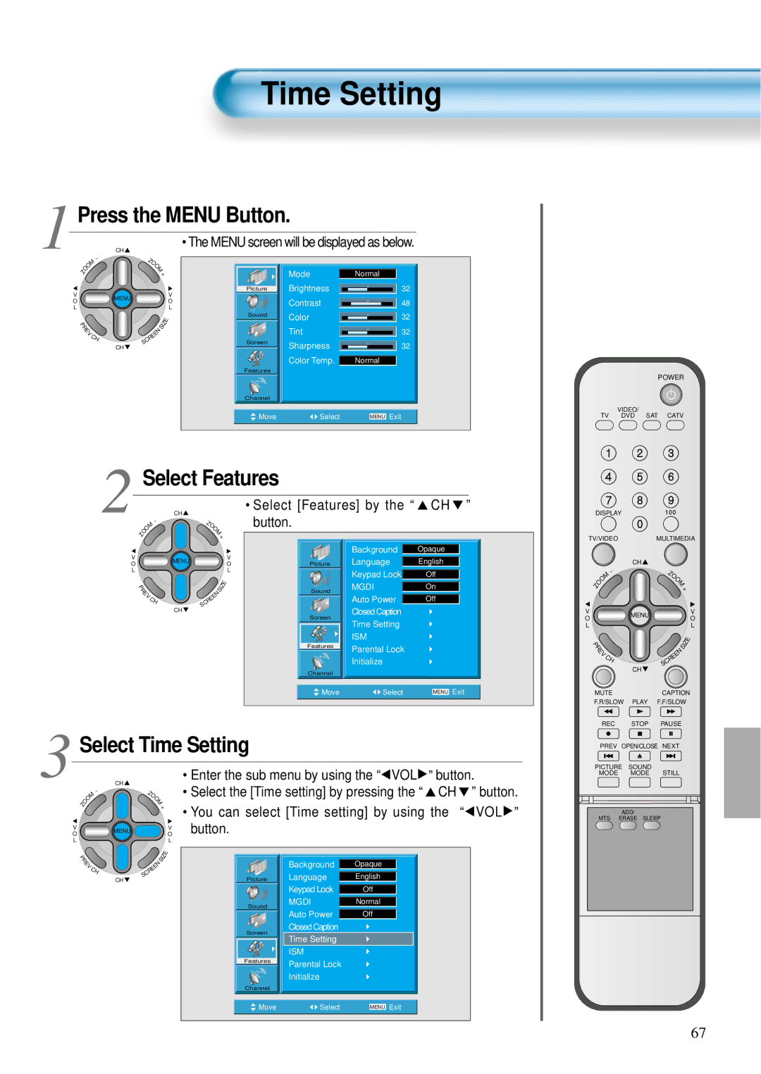 Daewoo DTS - 42 user manual Select Time Setting, Select Features by the CH, Enter the sub menu by using the VOL button 