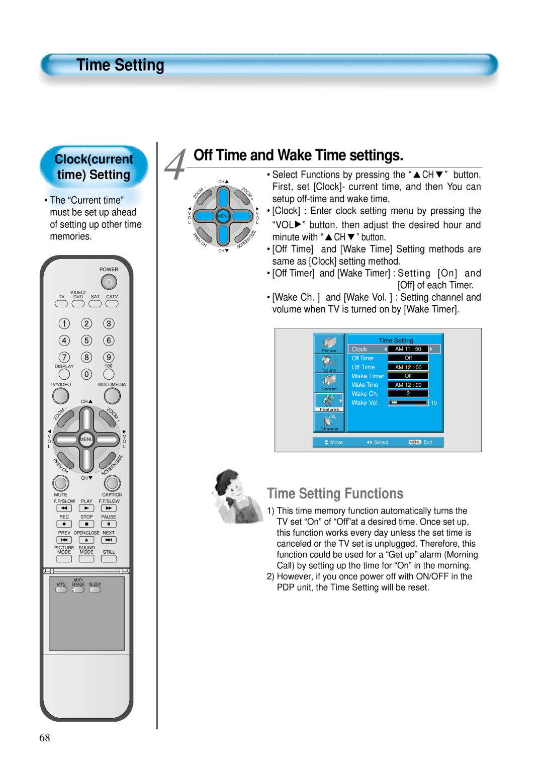 Daewoo DTS - 42 user manual Time Setting, Off Time and Wake Time settings, VOL button. then adjust the desired hour 