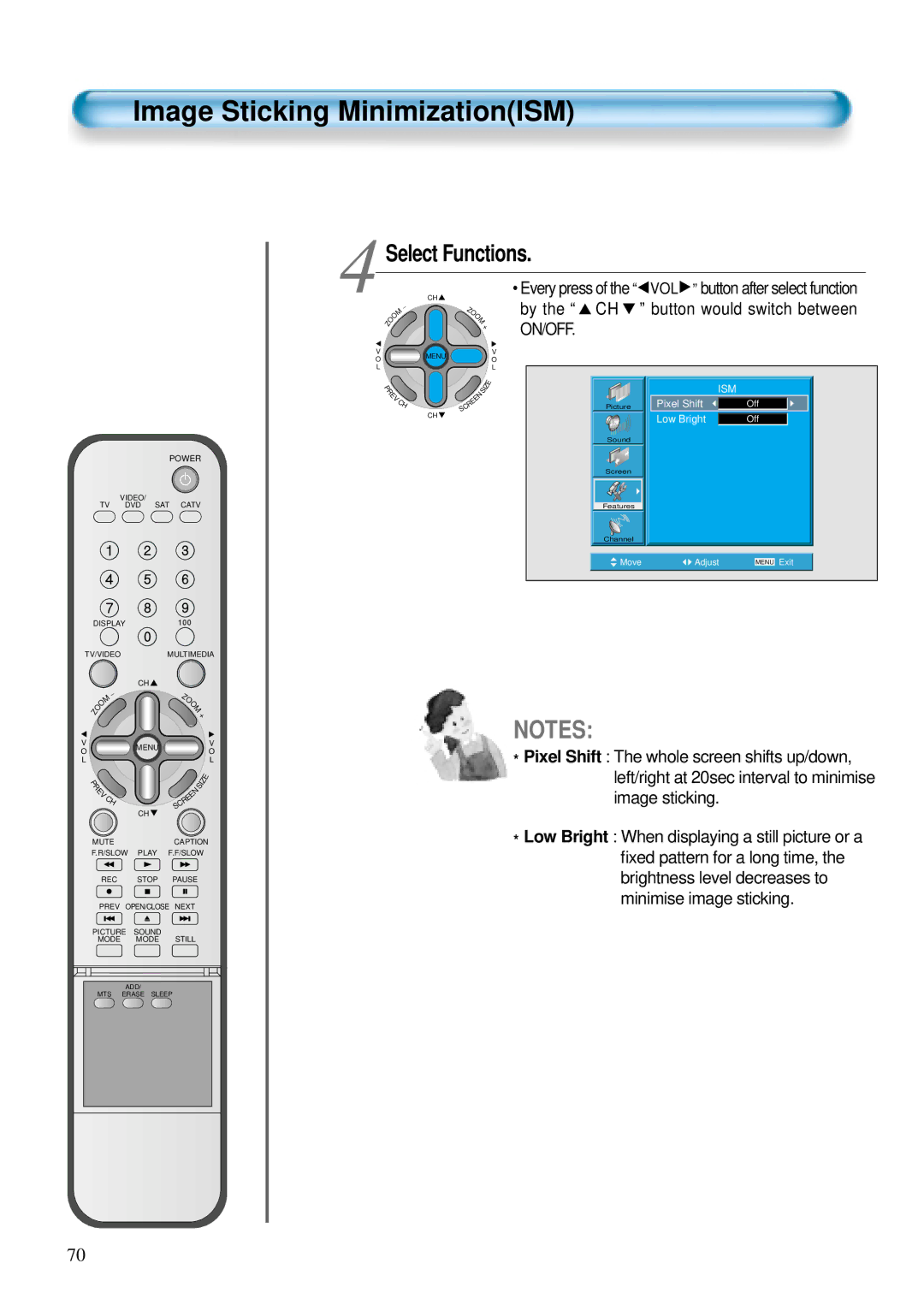 Daewoo DTS - 42 user manual Image Sticking MinimizationISM, Select Functions, By the CH button would switch between 