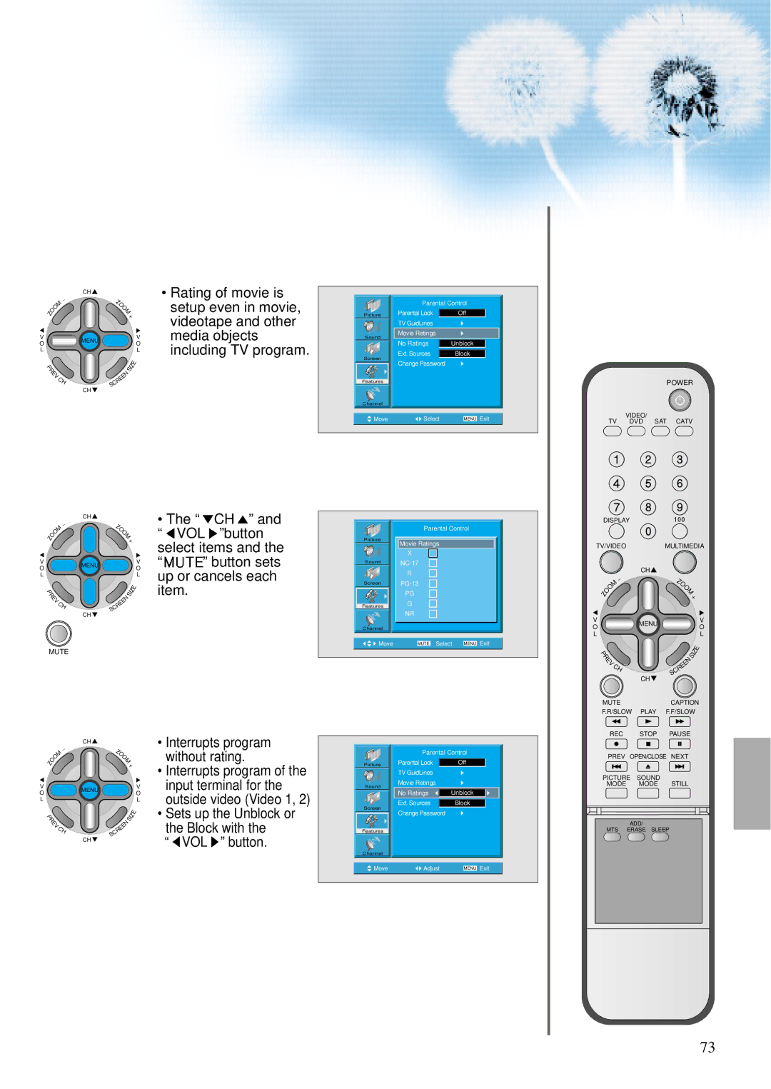 Daewoo DTS - 42 user manual Sets up the Unblock or the Block with VOL button 