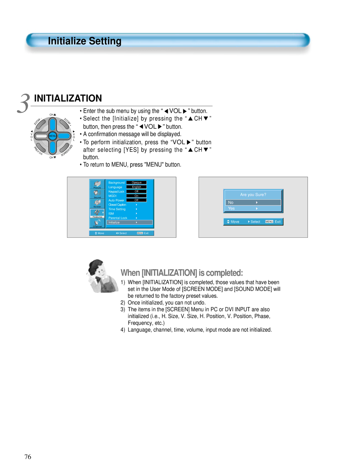 Daewoo DTS - 42 user manual Initialize Setting, Conﬁrmation message will be displayed 