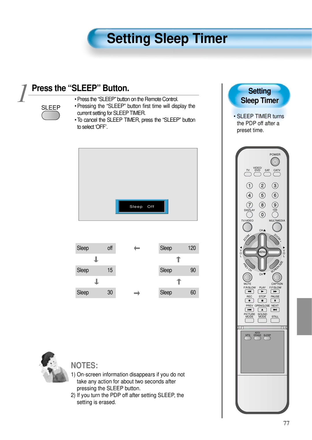 Daewoo DTS - 42 user manual Setting Sleep Timer, Press the Sleep Button, Current setting for Sleep Timer 