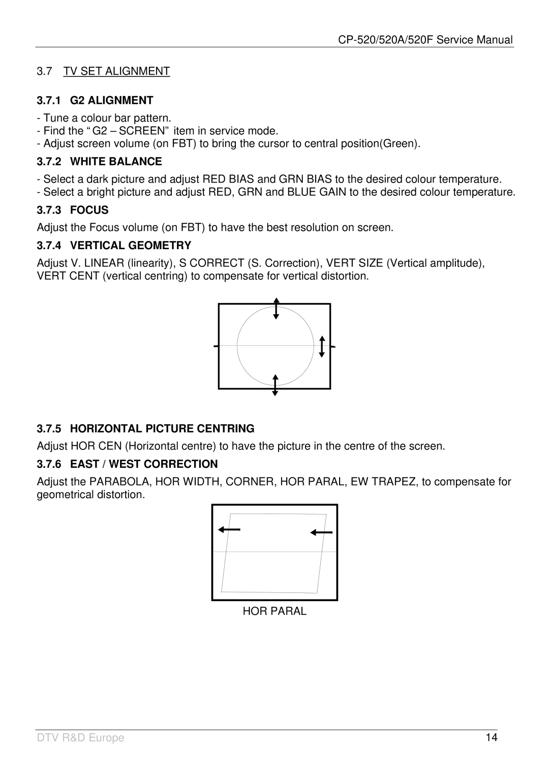 Daewoo DTY-2880/28W5 1 G2 Alignment, White Balance, Vertical Geometry, Horizontal Picture Centring, East / West Correction 