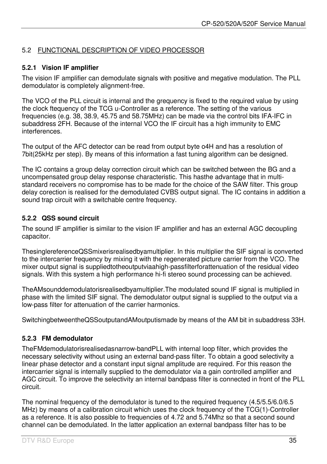 Daewoo DTZ-29U7/U3 Functional Description of Video Processor, Vision if amplifier, QSS sound circuit, FM demodulator 