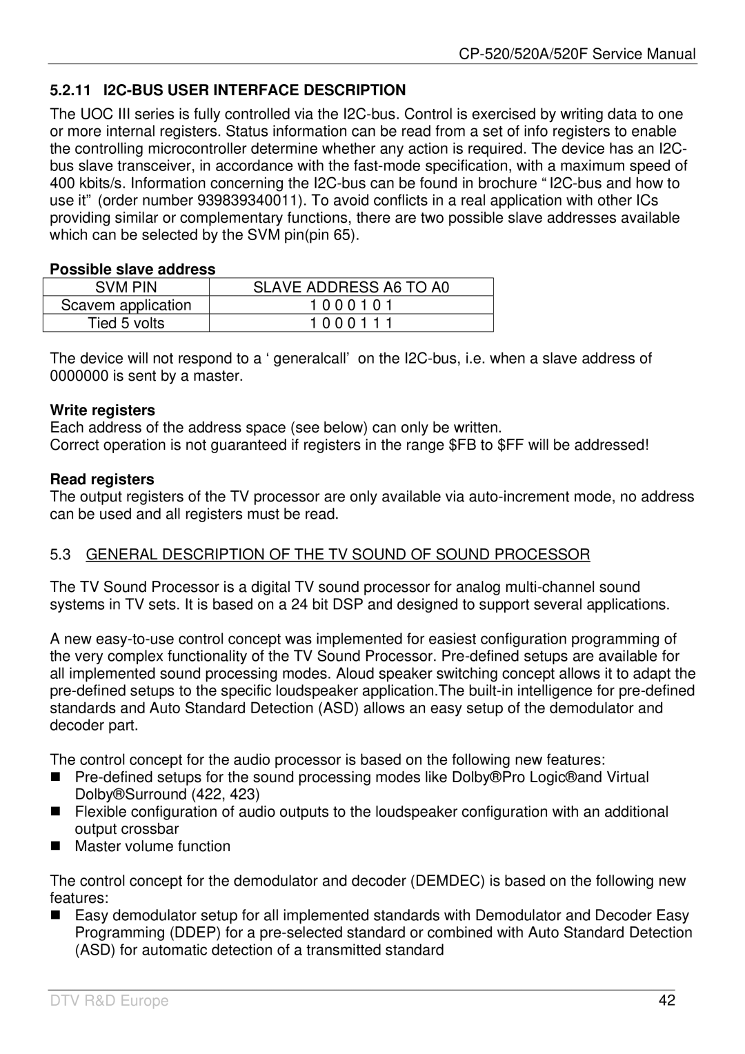 Daewoo DTZ-2481, DTC-20T2 11 I2C-BUS User Interface Description, Possible slave address, Write registers, Read registers 