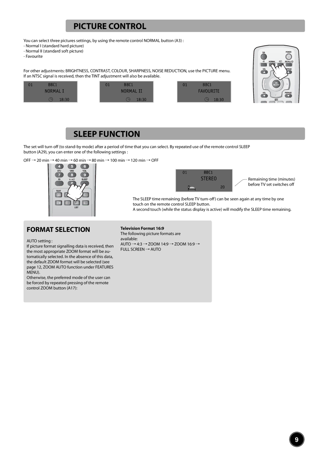 Daewoo DUB-2850GB, DUB-2842GB instruction manual Picture Control, Sleep Function, Television Format 