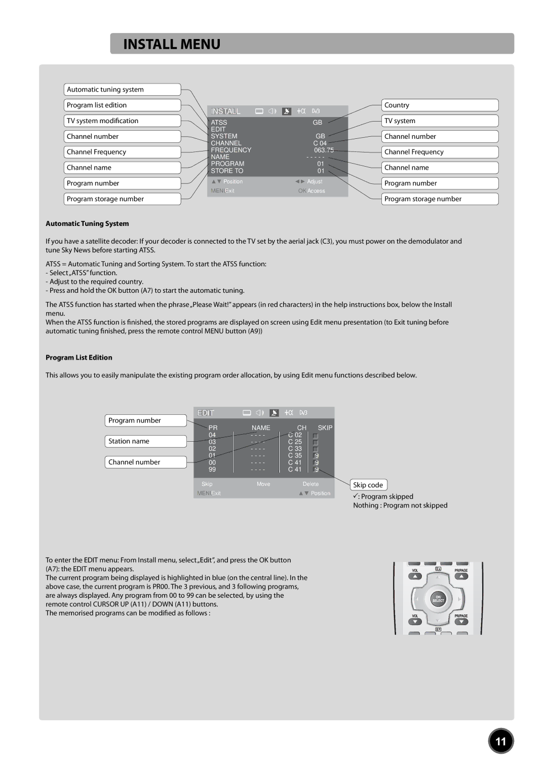 Daewoo DUB-2850GB, DUB-2842GB instruction manual Install Menu, Automatic Tuning System, Program List Edition 