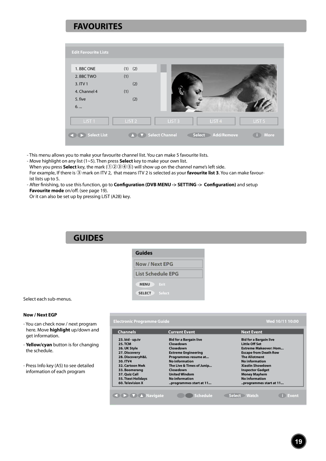 Daewoo DUB-2850GB, DUB-2842GB instruction manual Favourites, Guides 