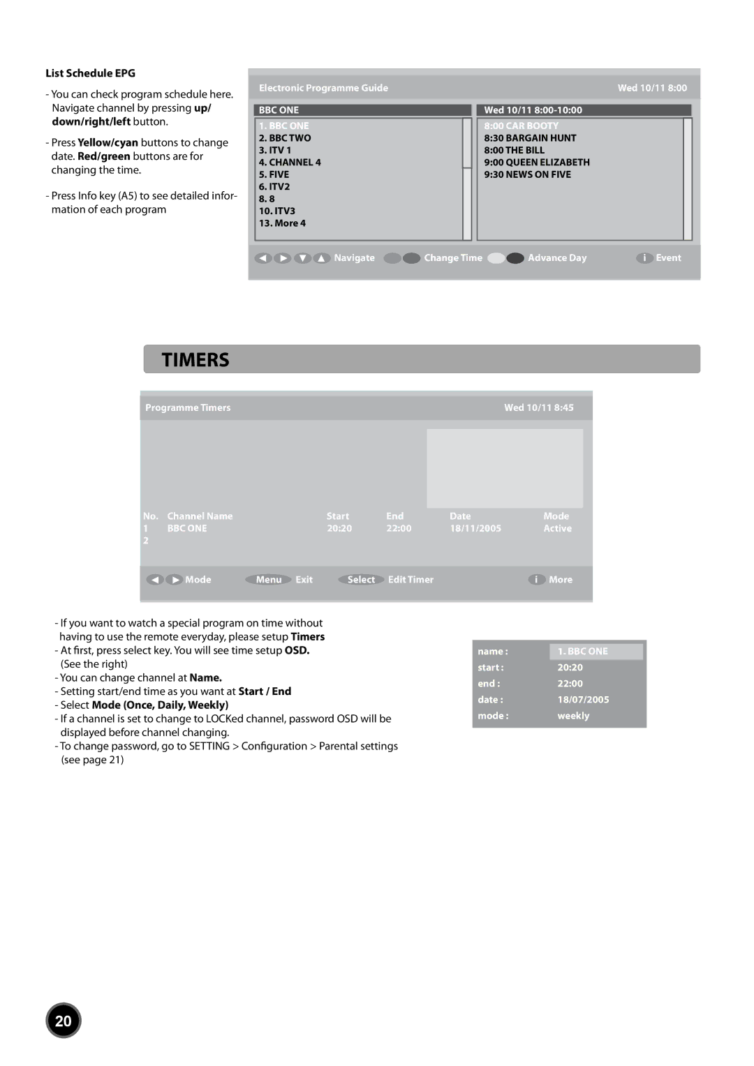 Daewoo DUB-2850GB, DUB-2842GB instruction manual Timers, Bbc Two, Itv, Channel Five, ITV2 ITV3 More 