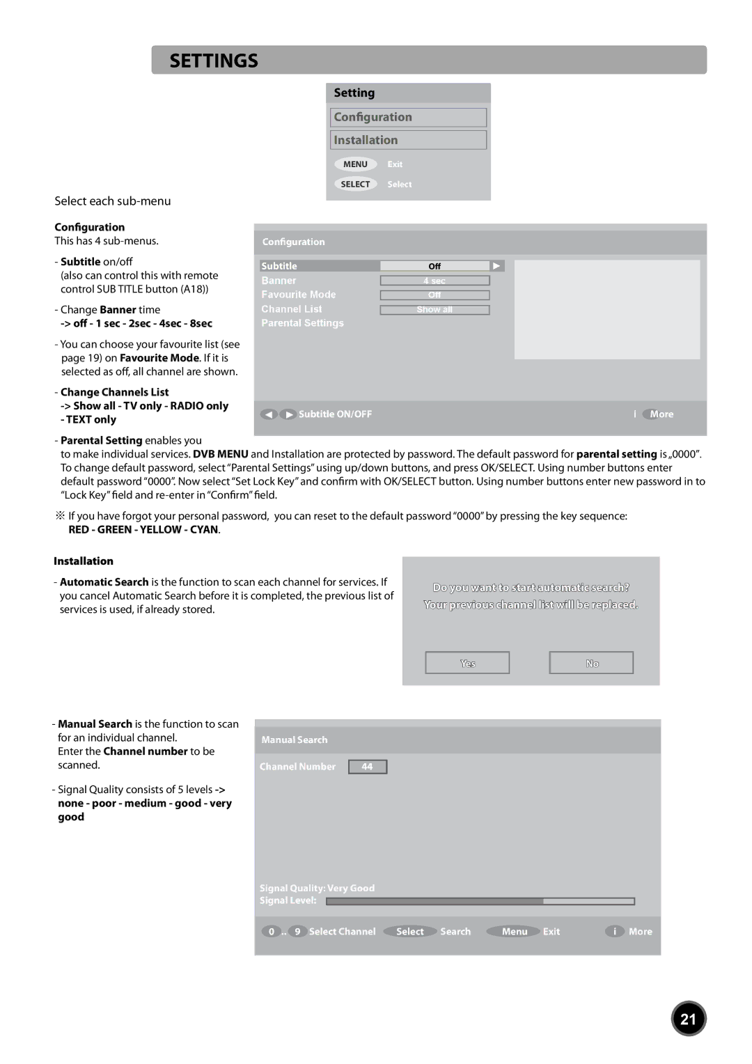 Daewoo DUB-2850GB, DUB-2842GB instruction manual Settings, Conﬁguration Installation 