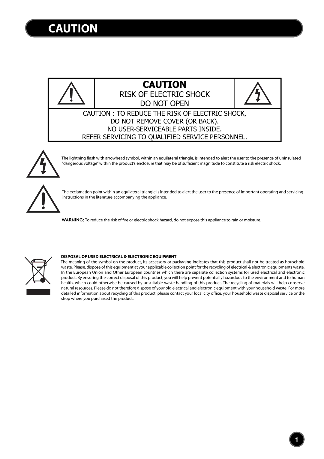 Daewoo DUB-2850GB, DUB-2842GB Risk of Electric Shock Do not Open, Disposal of Used Electrical & Electronic Equipment 