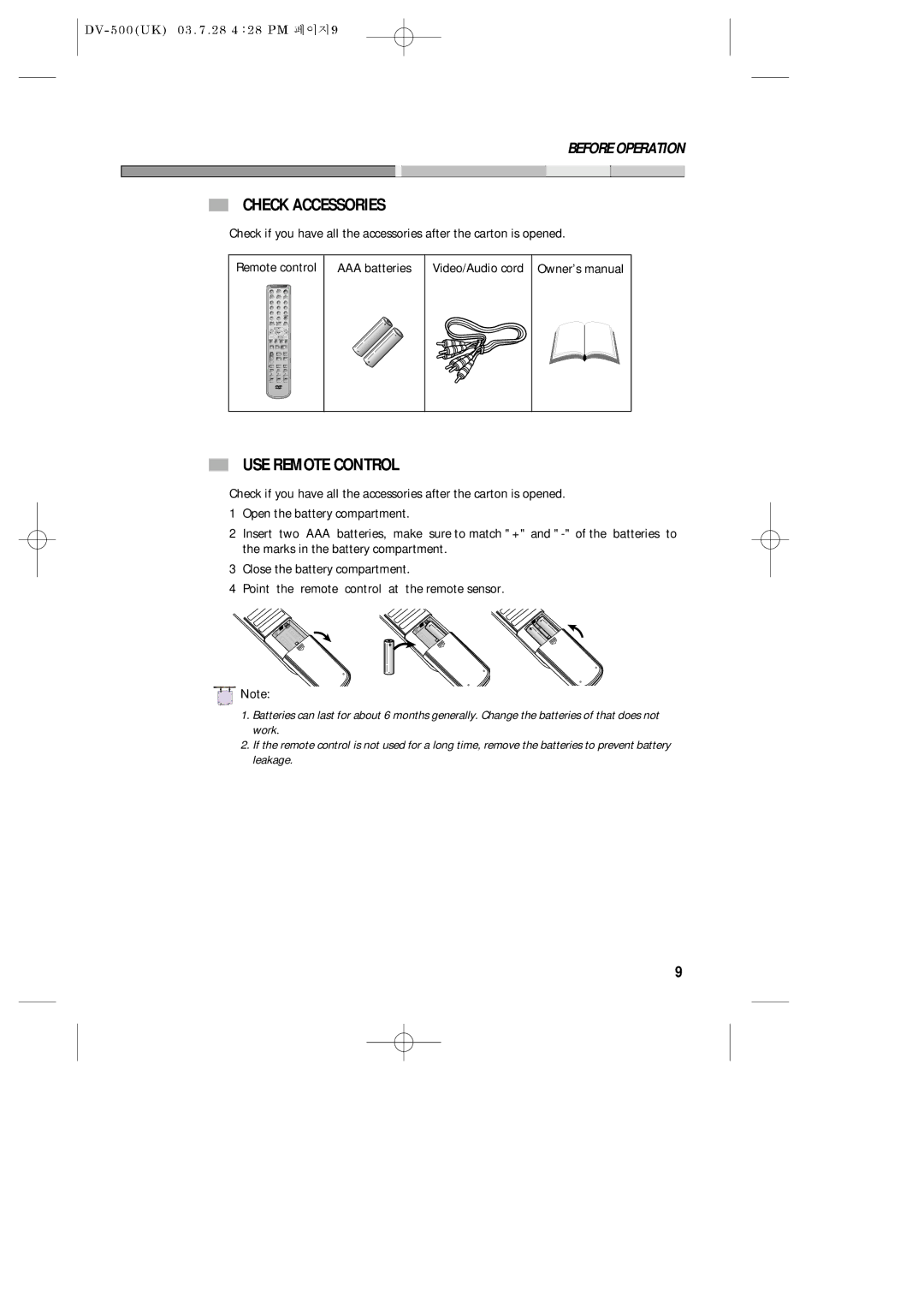 Daewoo DV-500 owner manual Check Accessories, USE Remote Control 