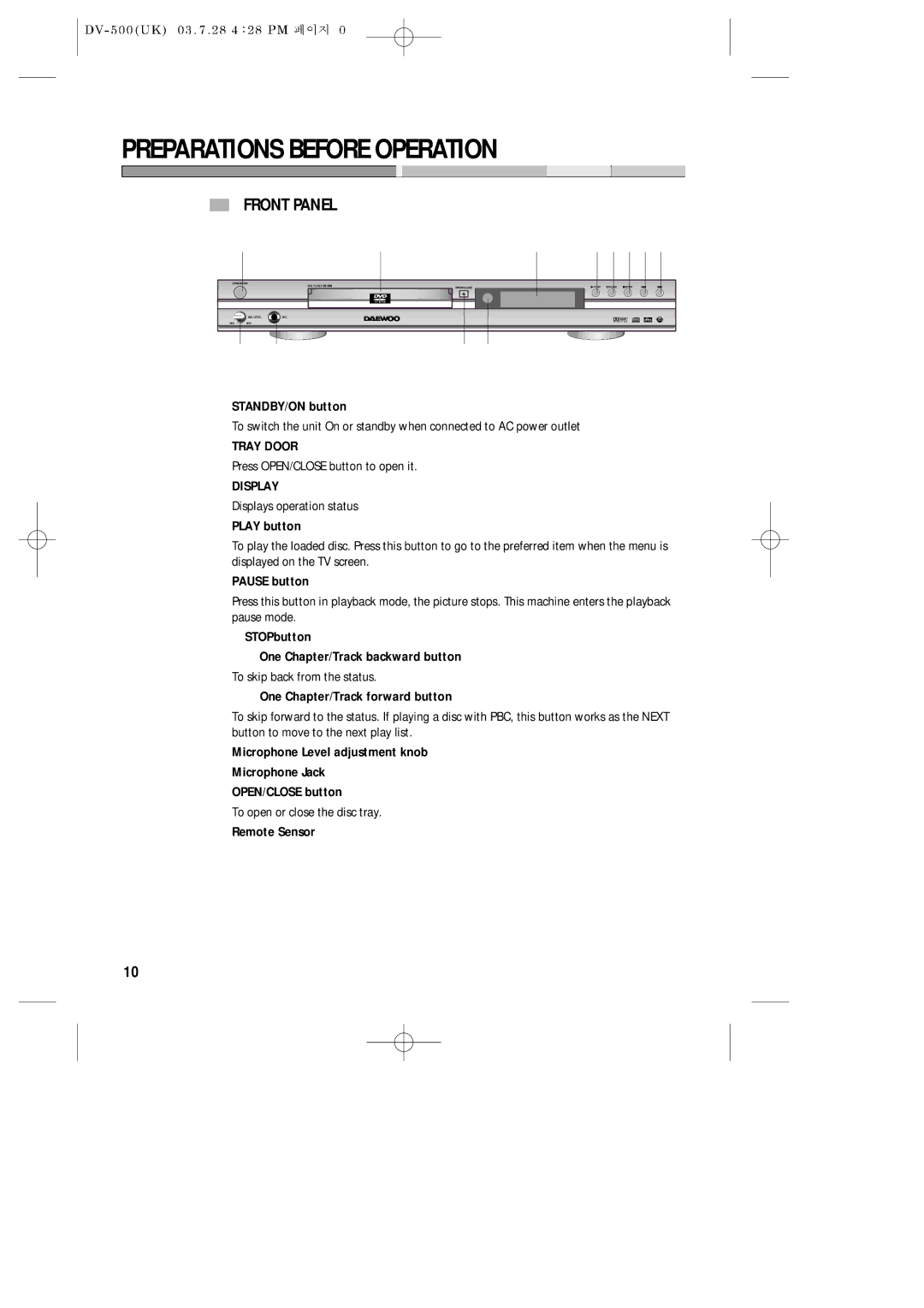 Daewoo DV-500 owner manual Preparations Before Operation, Front Panel, @ Tray Door, # Display 