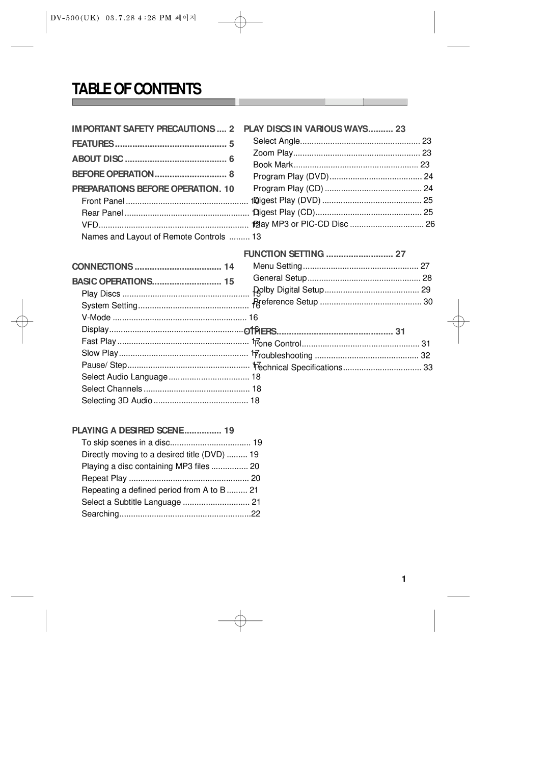 Daewoo DV-500 owner manual Table of Contents 