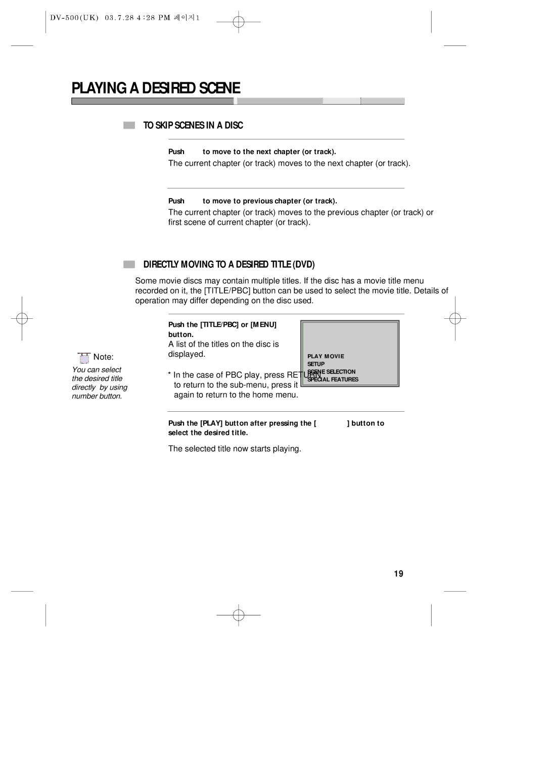 Daewoo DV-500 owner manual Playing a Desired Scene, To Skip Scenes in a Disc, Directly Moving to a Desired Title DVD 