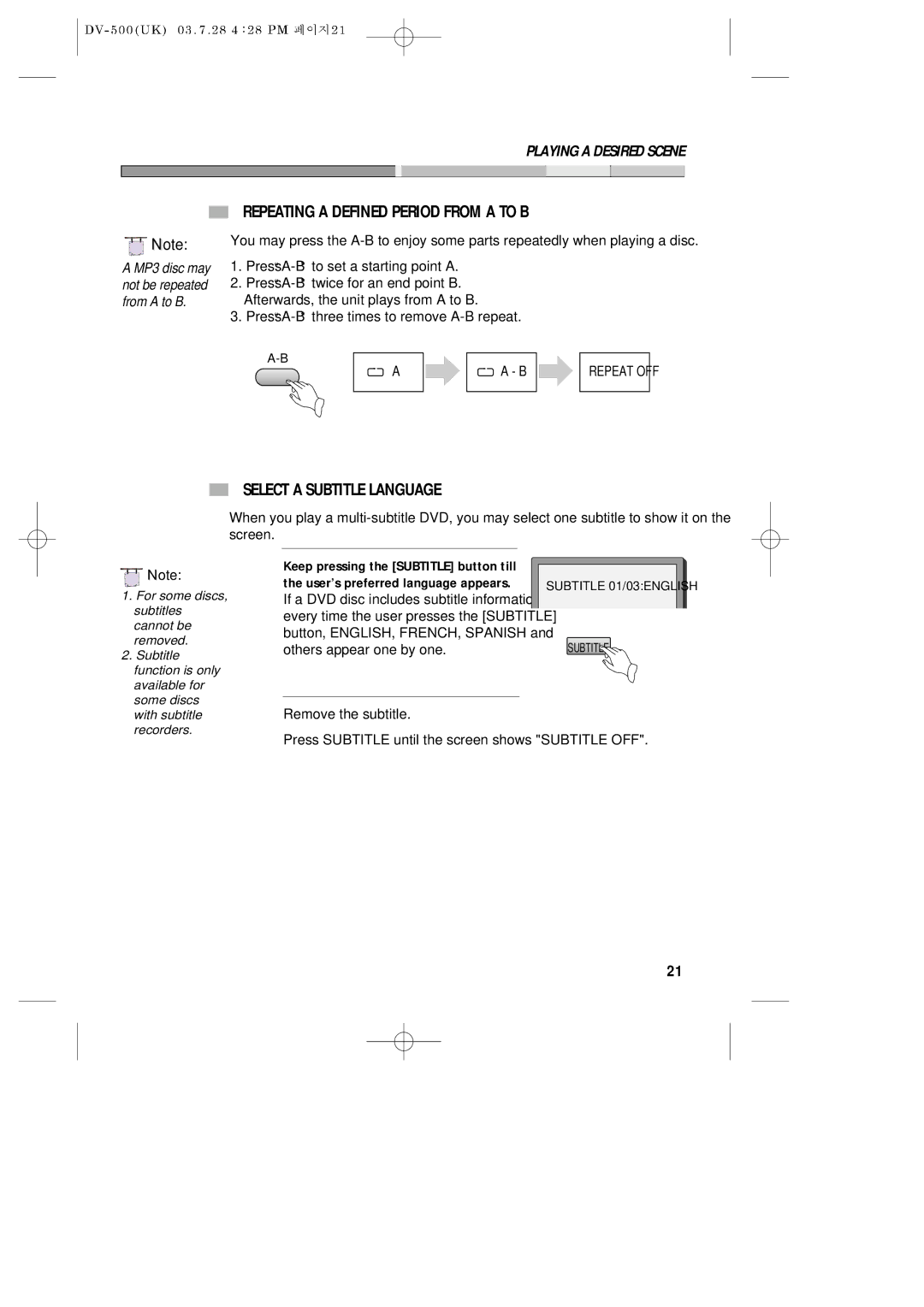 Daewoo DV-500 owner manual Repeating a Defined Period from a to B, Select a Subtitle Language, Others appear one by one 