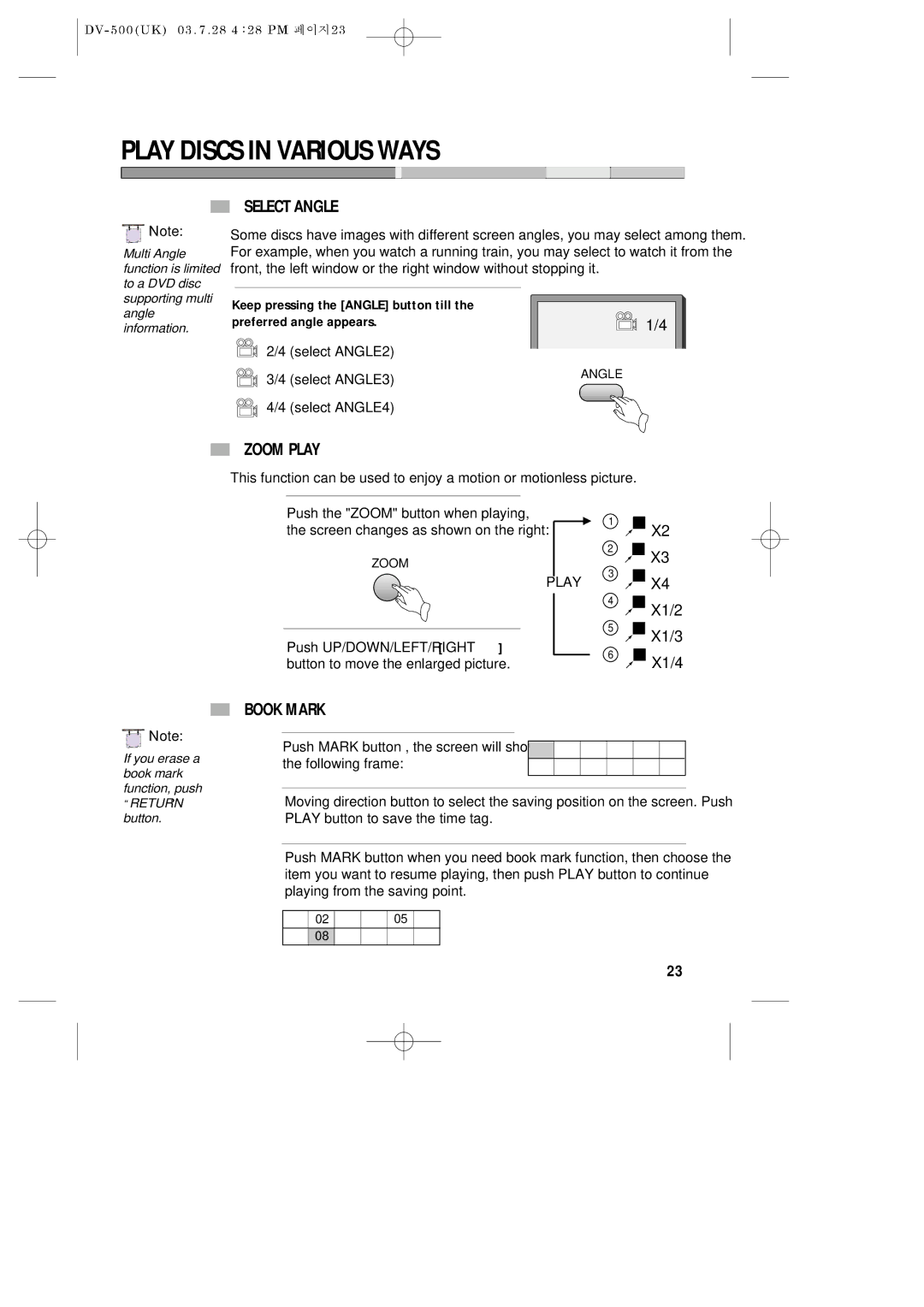 Daewoo DV-500 owner manual Play Discs in Various Ways, Select Angle, Zoom Play, Book Mark 