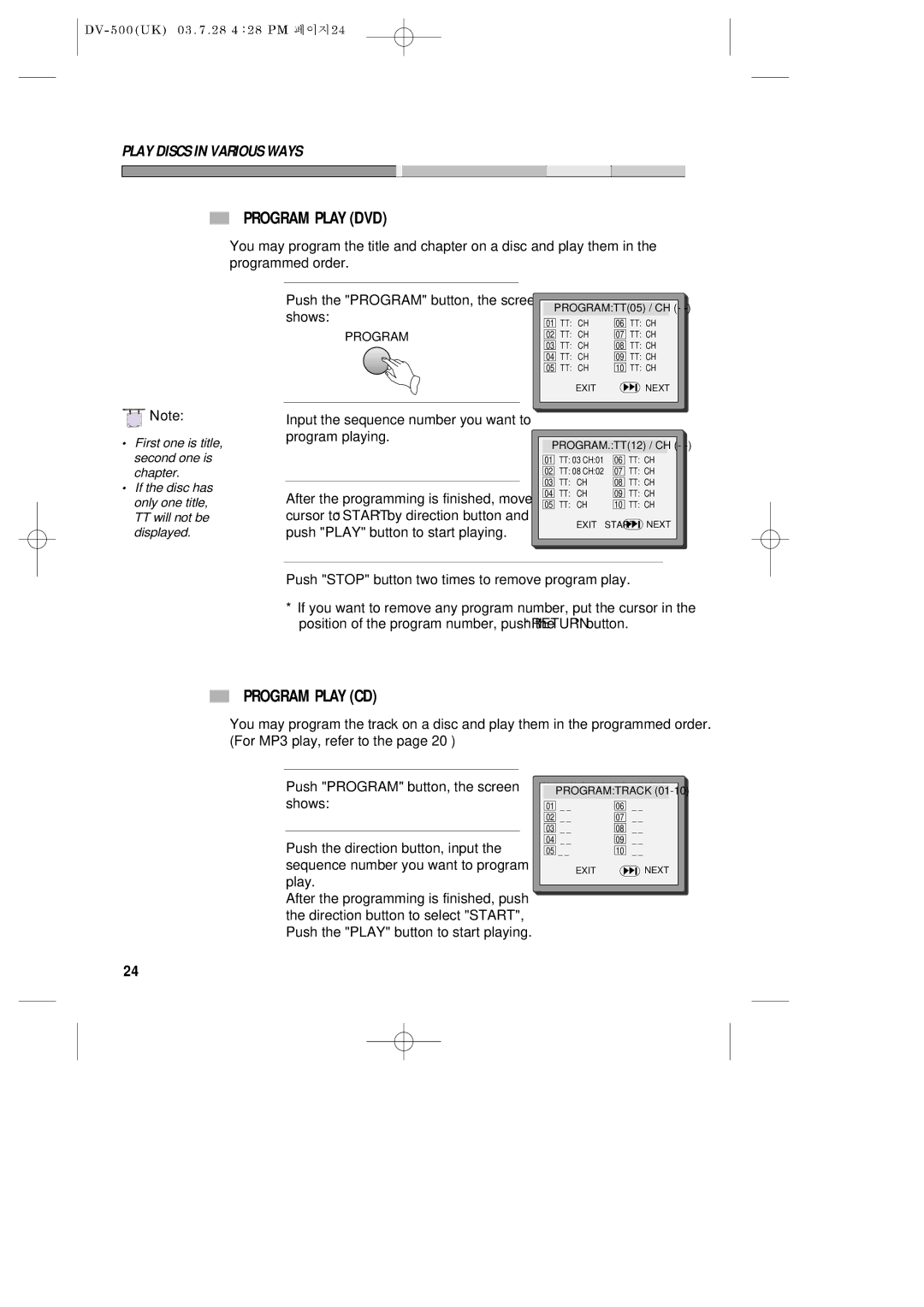 Daewoo DV-500 owner manual Program Play DVD, Program Play CD, Push Play button to start playing 