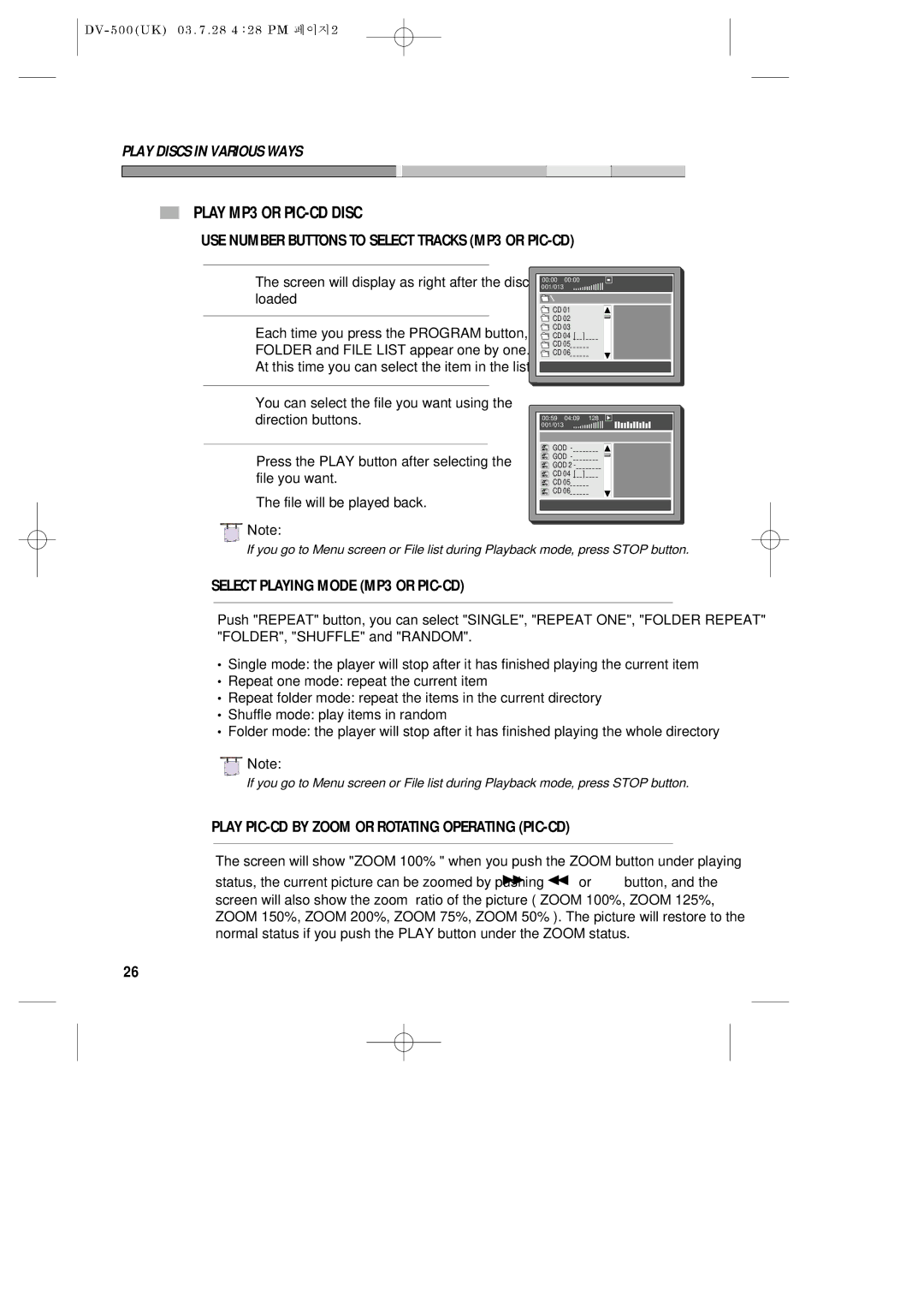 Daewoo DV-500 owner manual Play MP3 or PIC-CD Disc, USE Number Buttons to Select Tracks MP3 or PIC-CD 