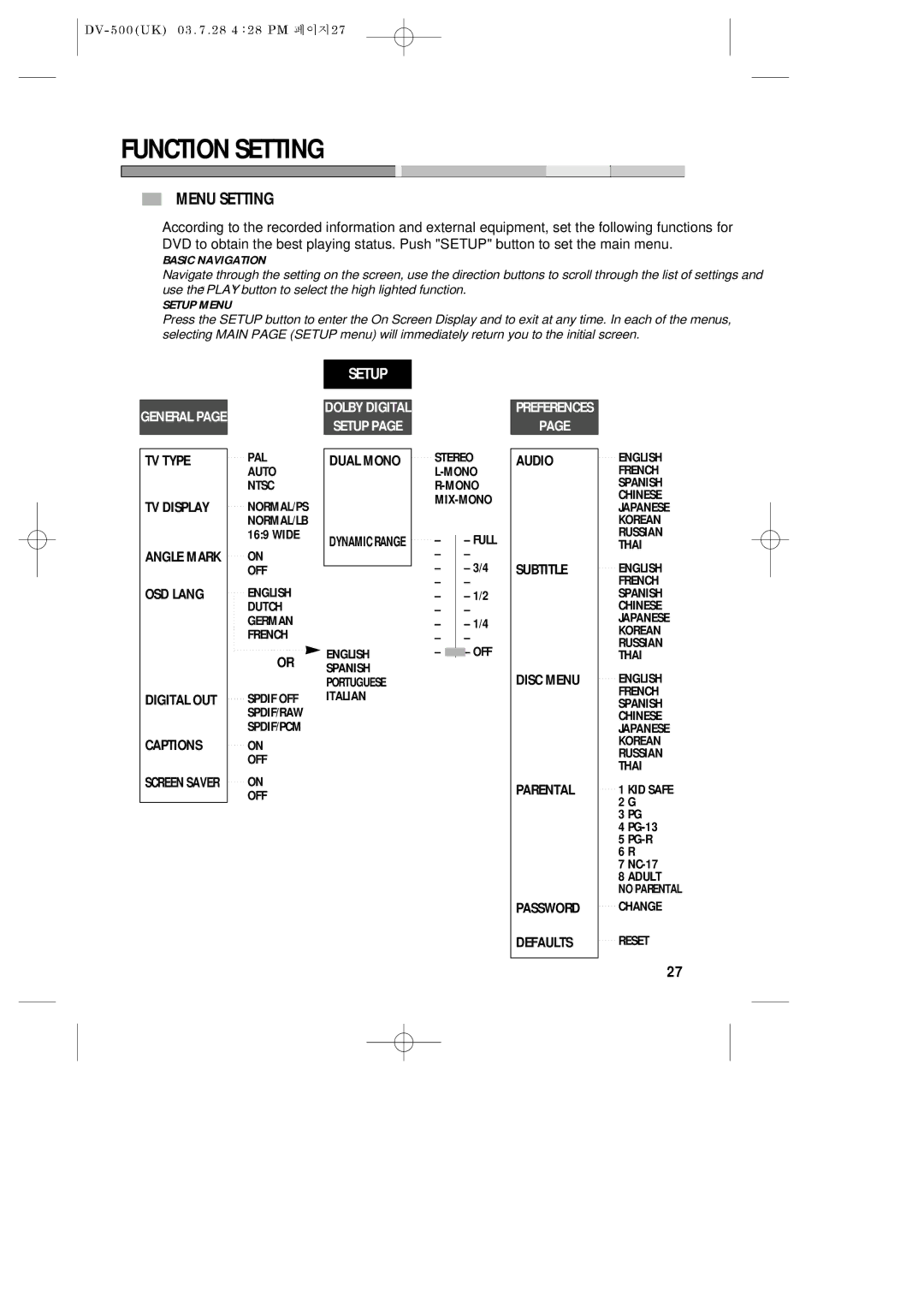 Daewoo DV-500 owner manual Function Setting, Menu Setting 