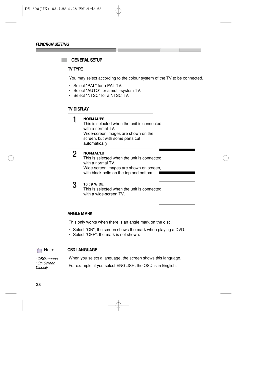 Daewoo DV-500 owner manual General Setup, TV Type, TV Display, Angle Mark, OSD Language 