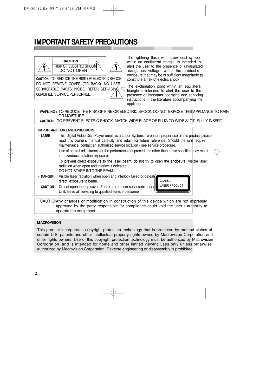 Daewoo DV-500 Important Safety Precautions, Qualified Service Personnel, Important for Laser Products, Macrovision 