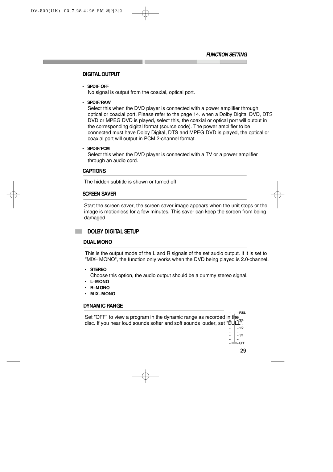 Daewoo DV-500 owner manual Dolby Digital Setup 