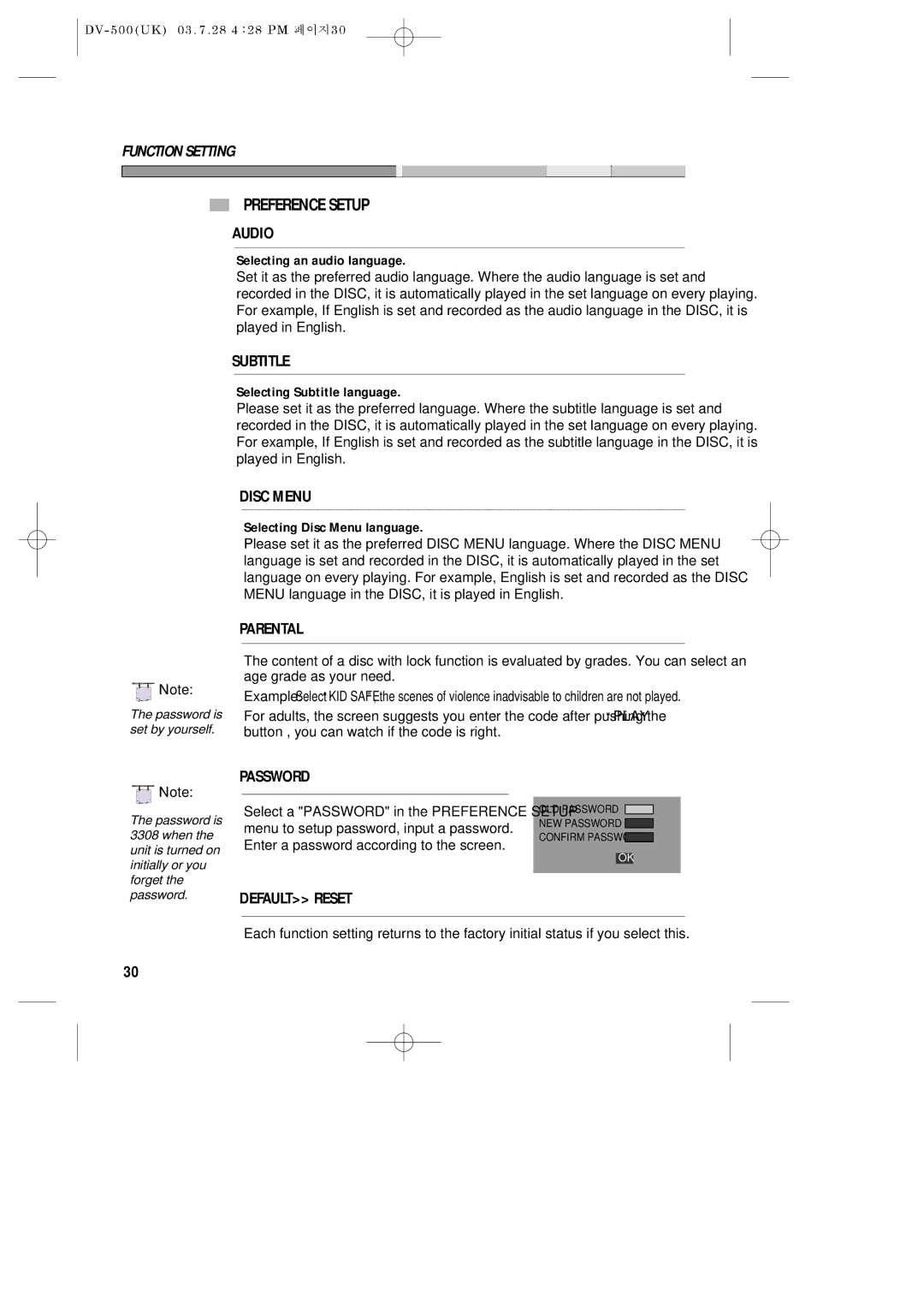 Daewoo DV-500 owner manual Preference Setup 