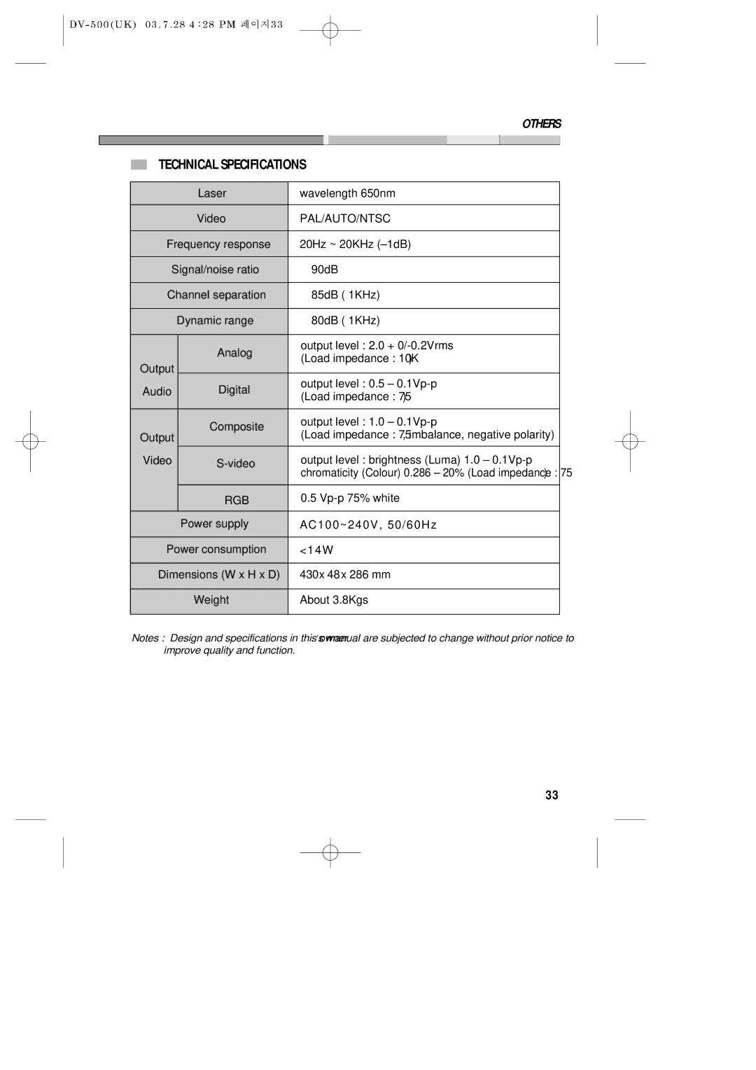 Daewoo DV-500 owner manual Technical Specifications, Pal/Auto/Ntsc 