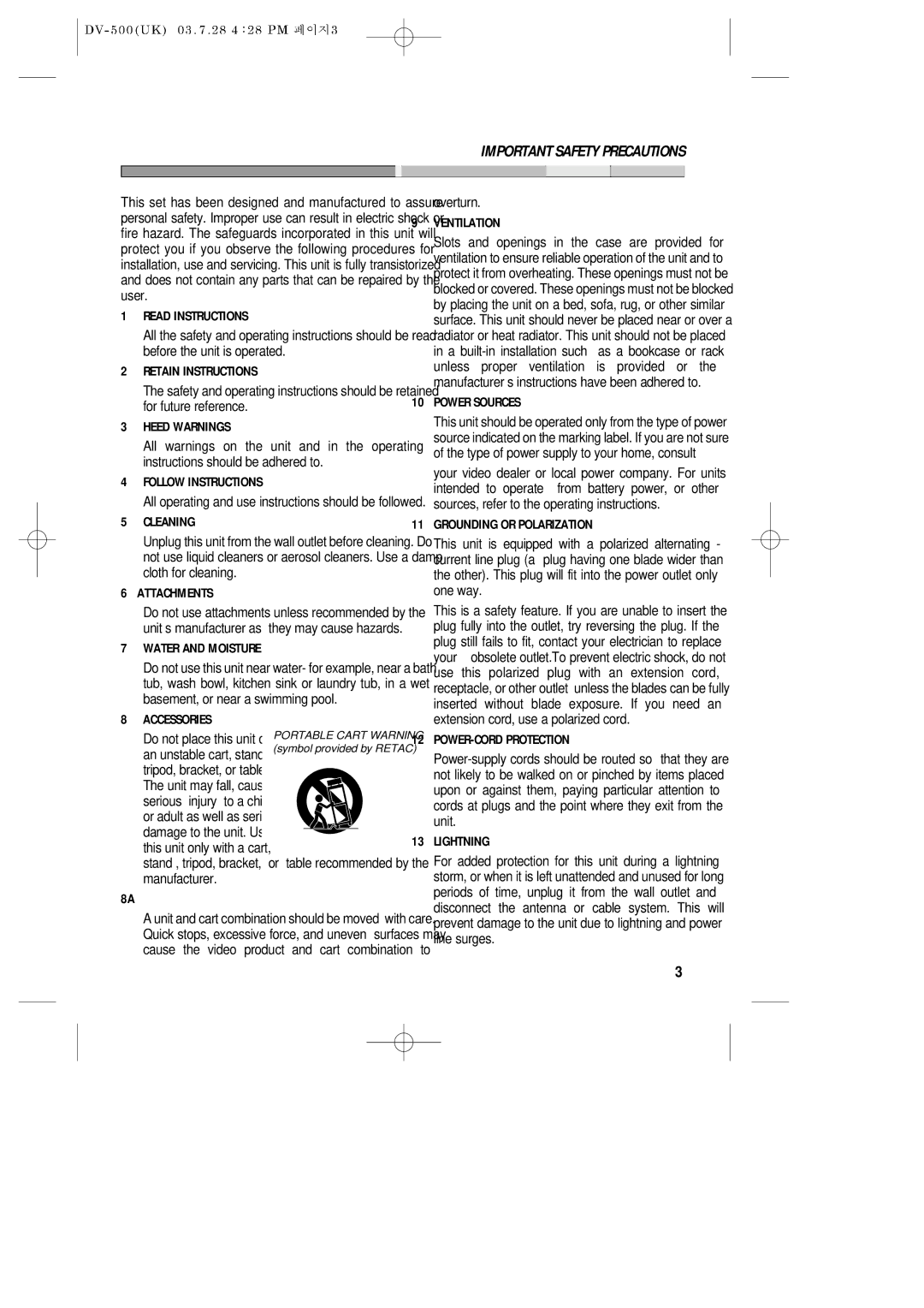 Daewoo DV-500 Read Instructions, Retain Instructions, Heed Warnings, Follow Instructions, Cleaning, Attachments, Lightning 